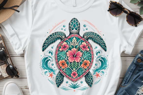 Sea Turtle Floral Summer Graphic PNG: A Tropical Design Asset